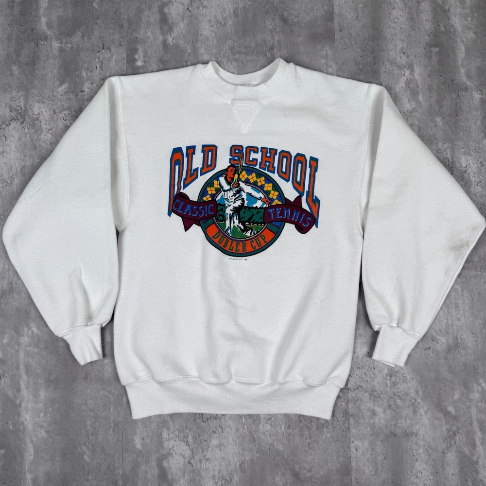 Vintage Old School Tennis Sweatshirt Mens Medium White Dubler Cup Classic USA